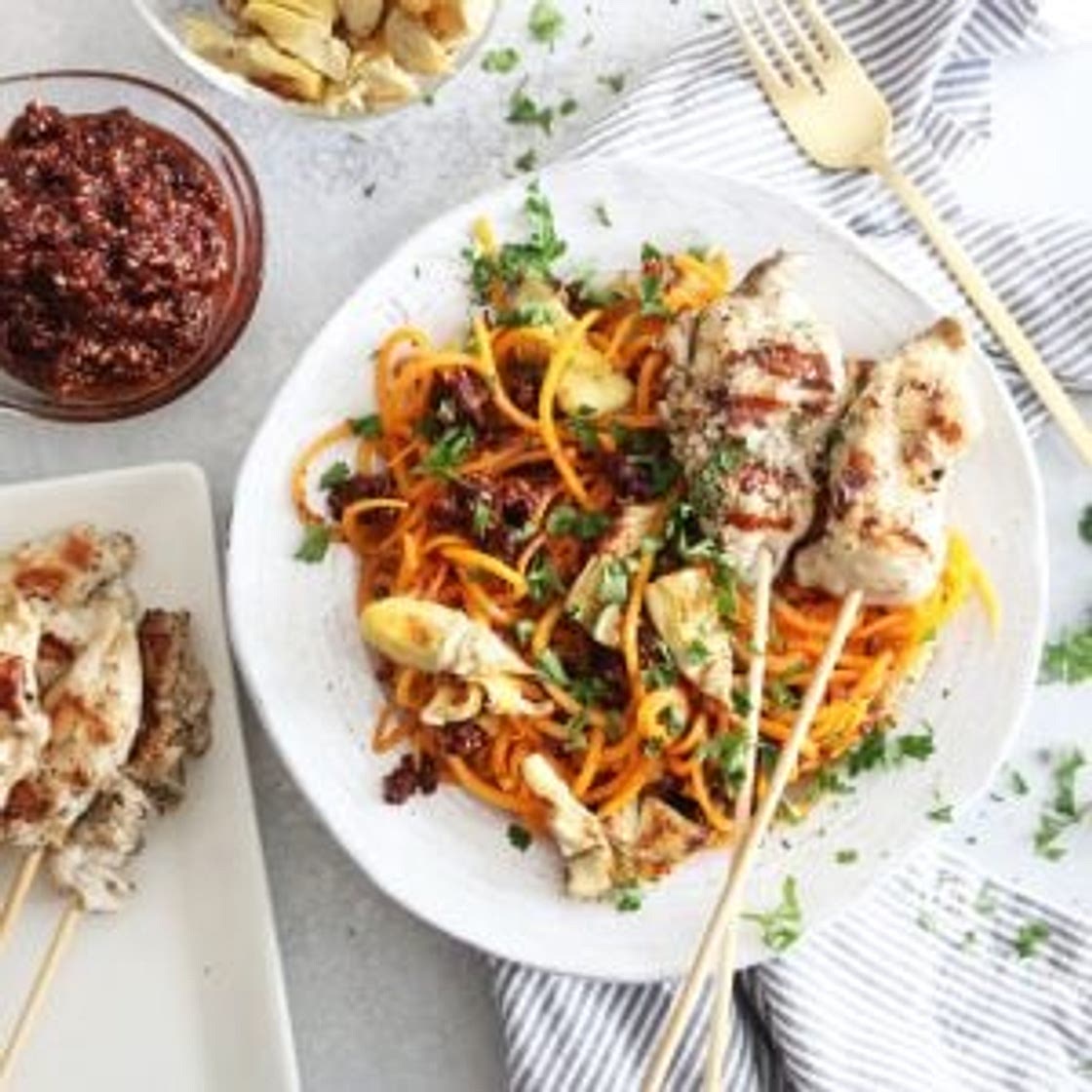 Greek Chicken Kebobs with Spiralized Butternut Squash