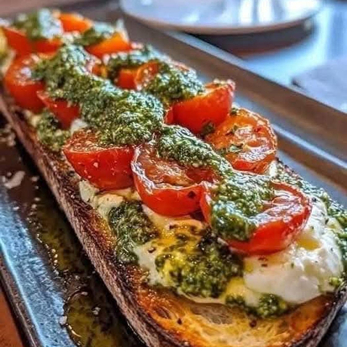 Bruschetta with Burrata, Pesto, and Roasted Tomatoes