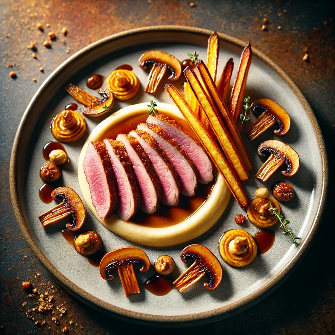 Filet de canard, purée de topinambour, frites de légumes et sauce noisette