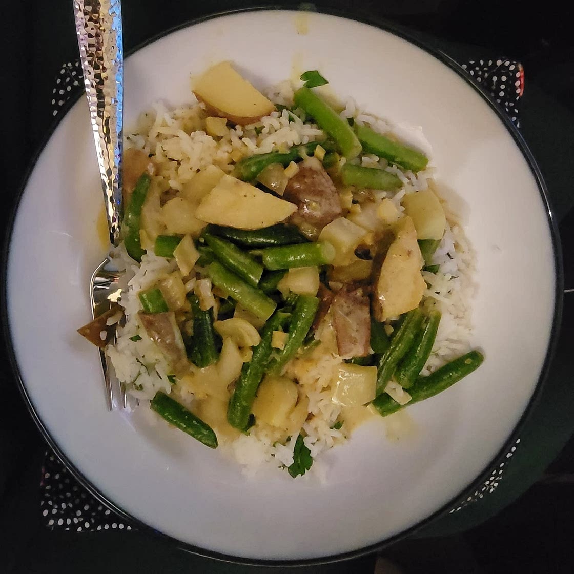 Green Bean, Fennel & New Potato Curry with Basmati Rice & Toasted Coconut Flakes
