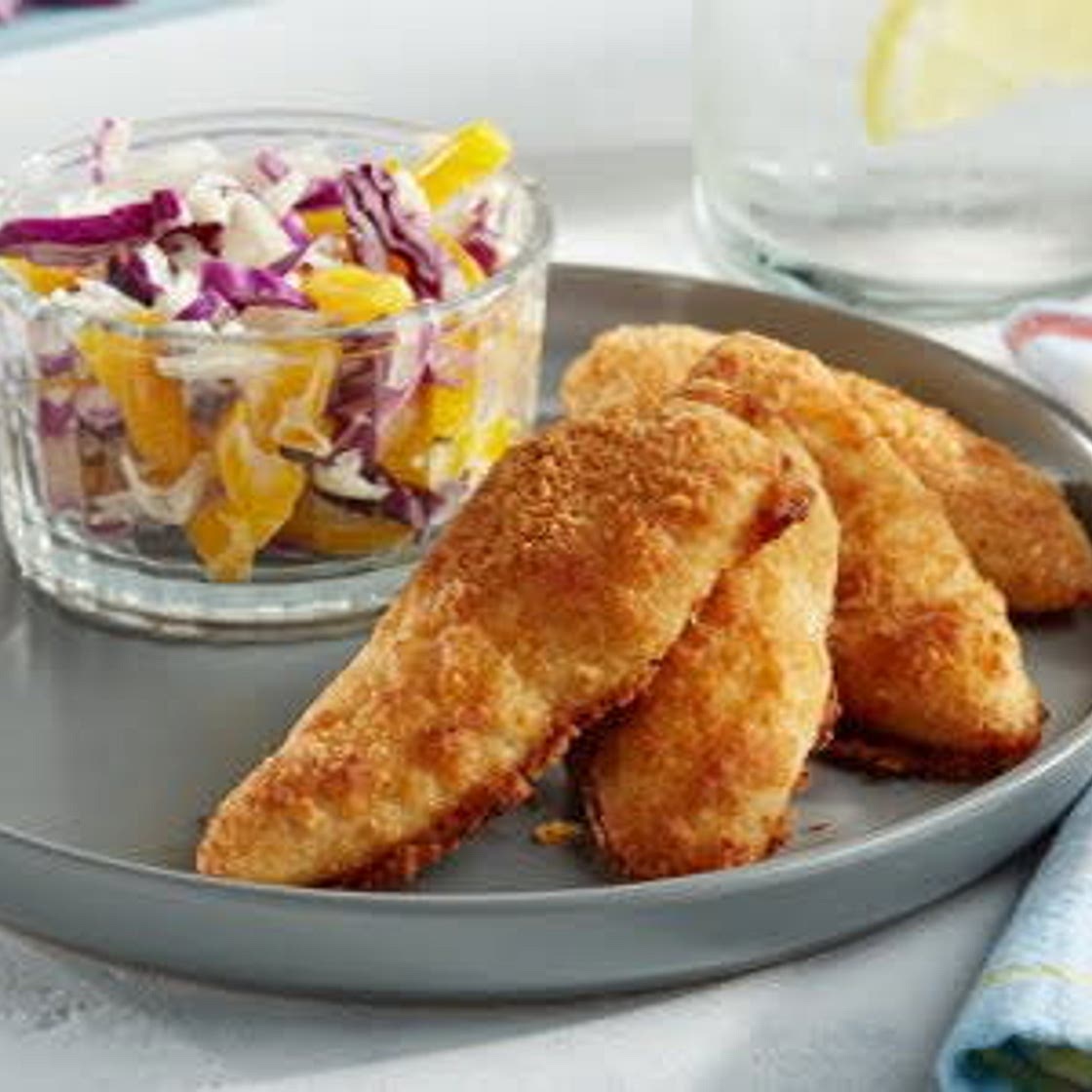Air Fried Chicken Tenders with Cabbage Jicama Slaw