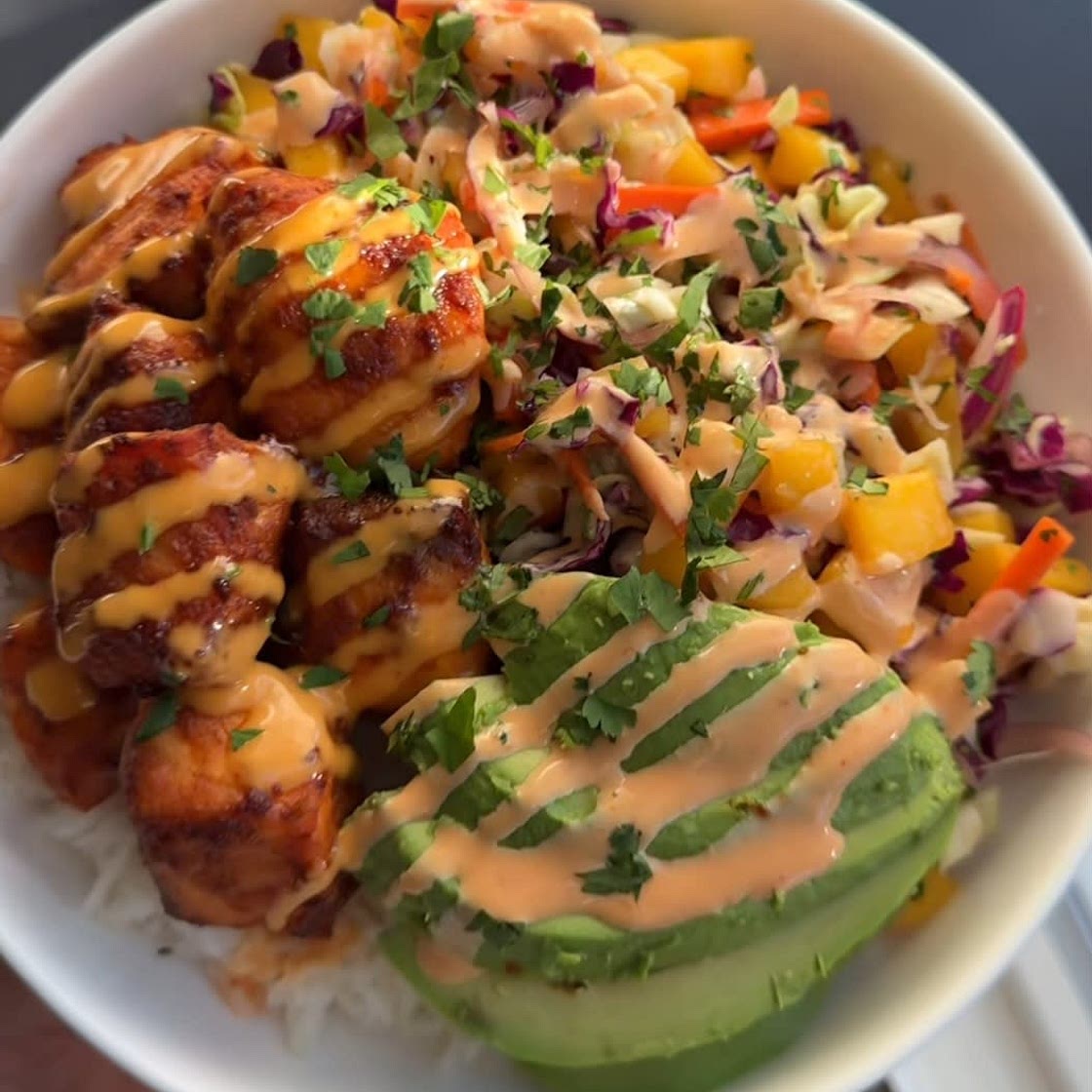 Salmon Coconut Mango Rice Bowl