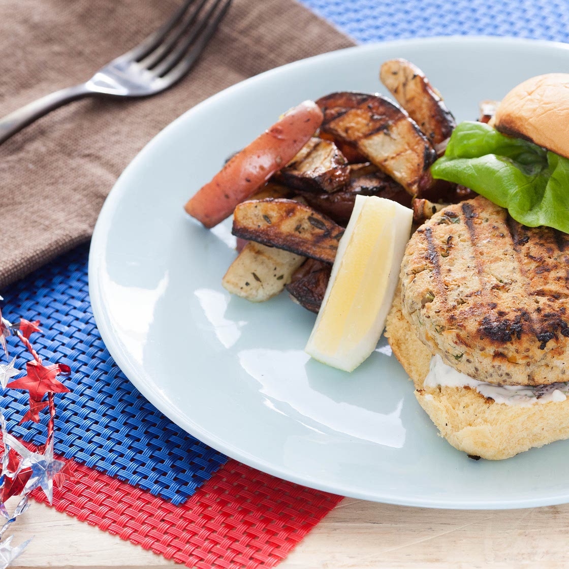 Chickpea Veggie Burgers with Garlic-Basil Aioli & Grilled Potato Wedges