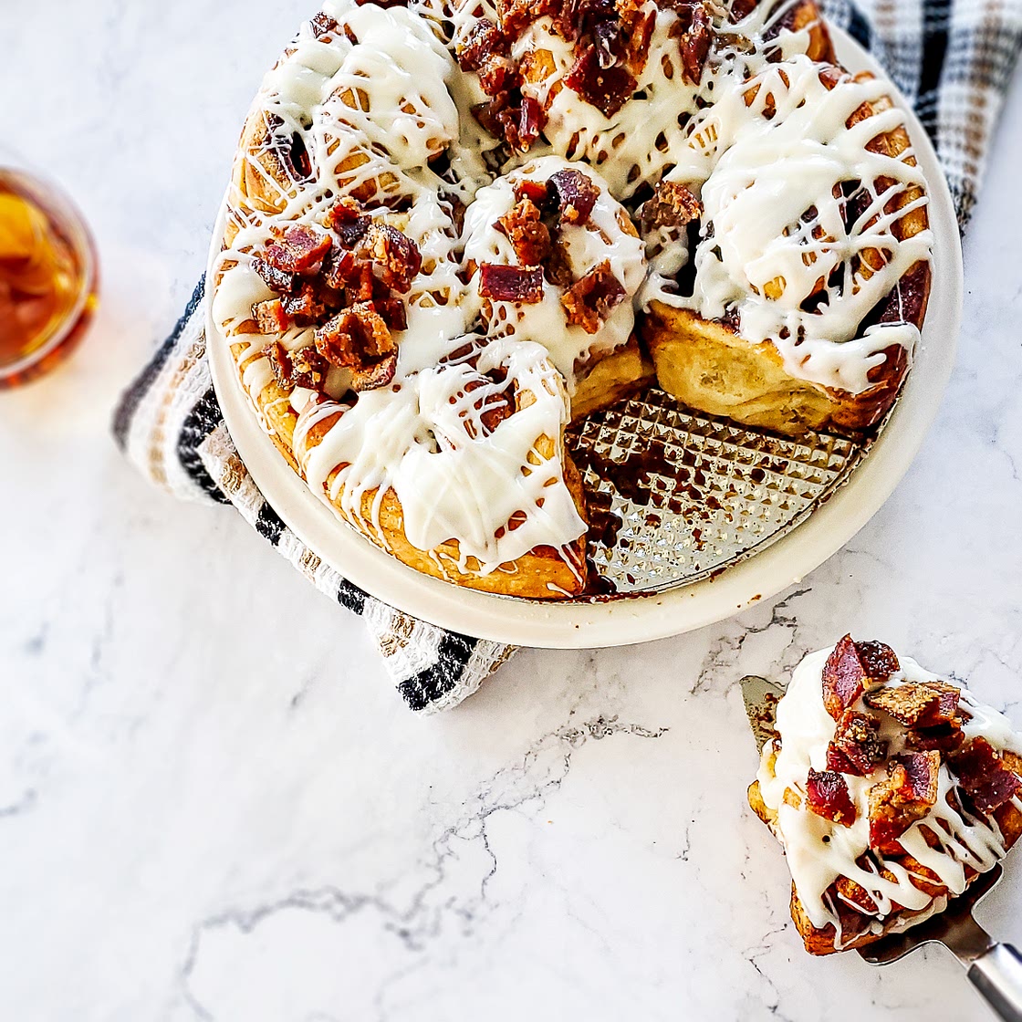 Cinnamon Rolls with Maple Whiskey Glaze & Candied Bacon