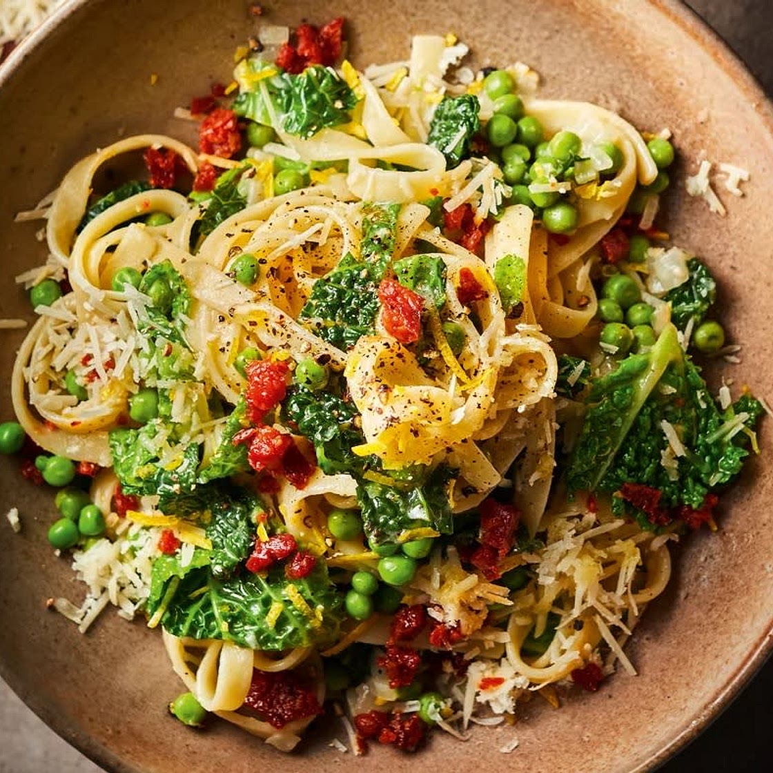 Pea & Savoy cabbage fettuccine with chorizo crumbs