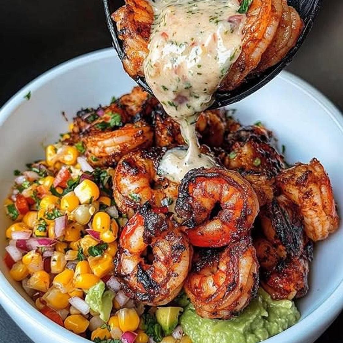 Grilled Shrimp Bowl with Avocado, Corn Salsa & Creamy Sauce
