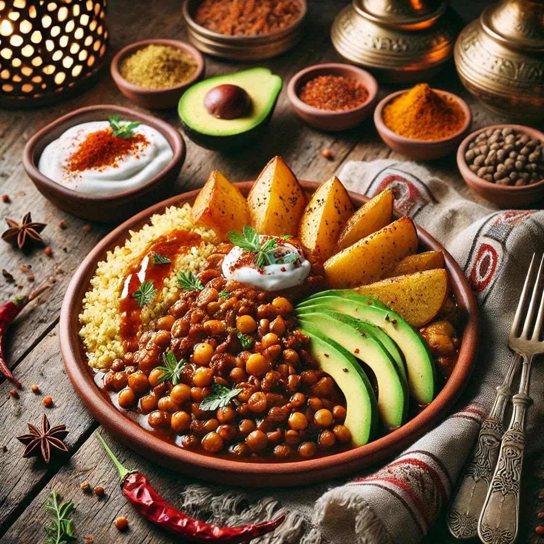 Moroccan style lentils with couscous and potatos with gravy