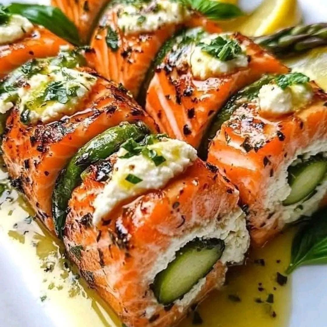 Asparagus & Lemon Basil Ricotta Stuffed Salmon Rolls