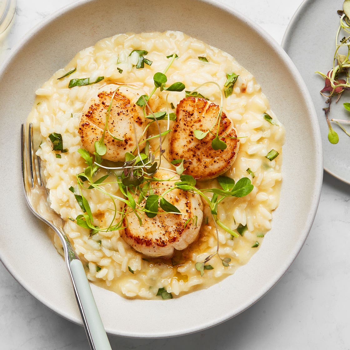 Seared Scallops With Basil Risotto