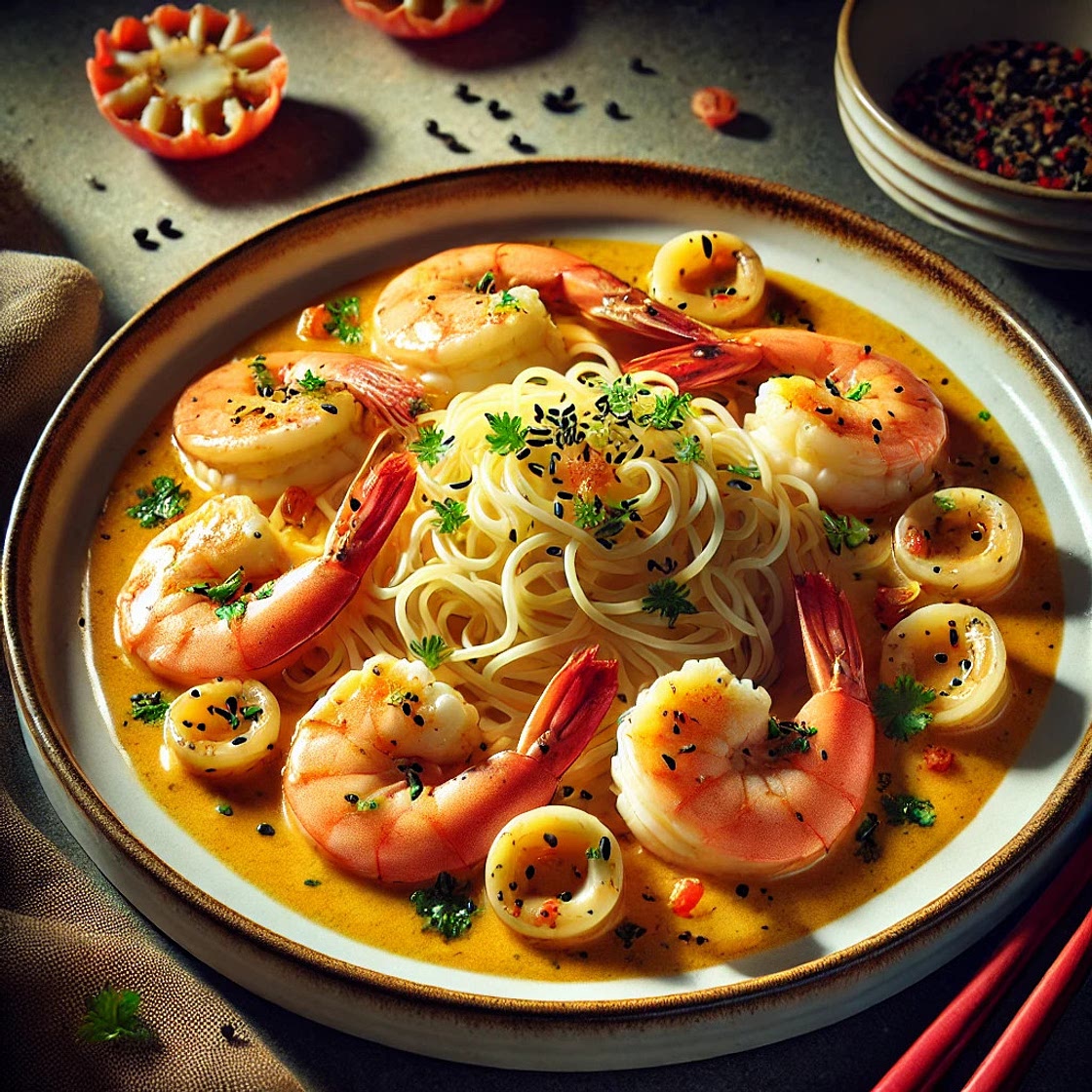 Nouilles et gambas à l'asiatique