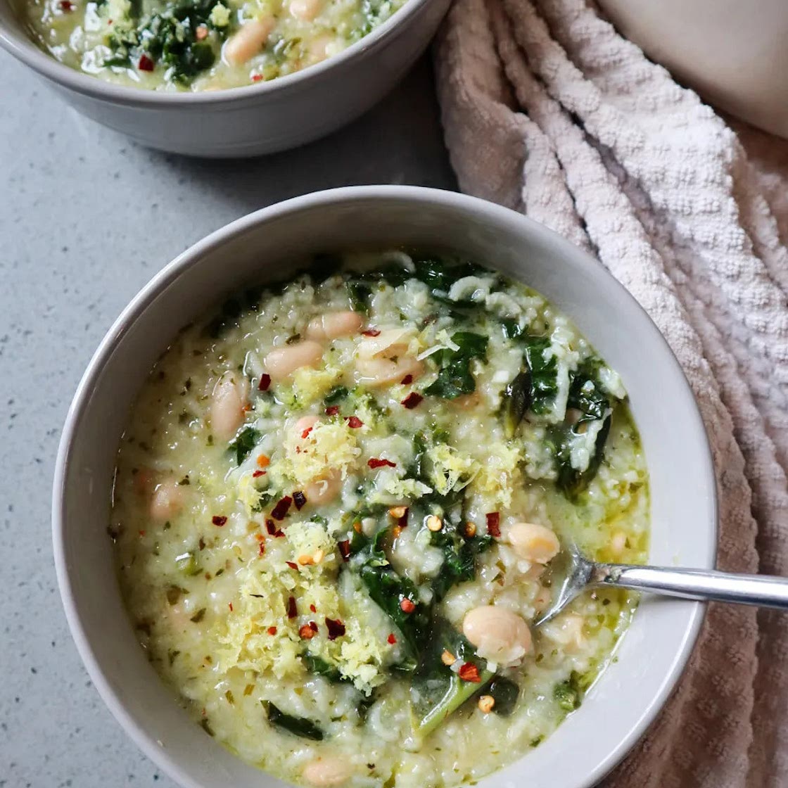 White Bean, Pesto, and Lemon Soup with Rice