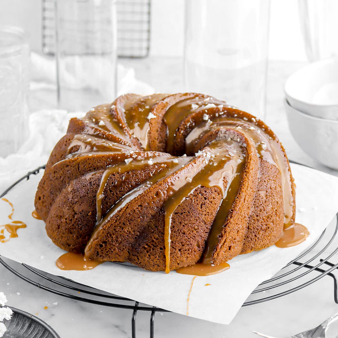 Mocha Swirled Bundt Cake with Salted Caramel Sauce