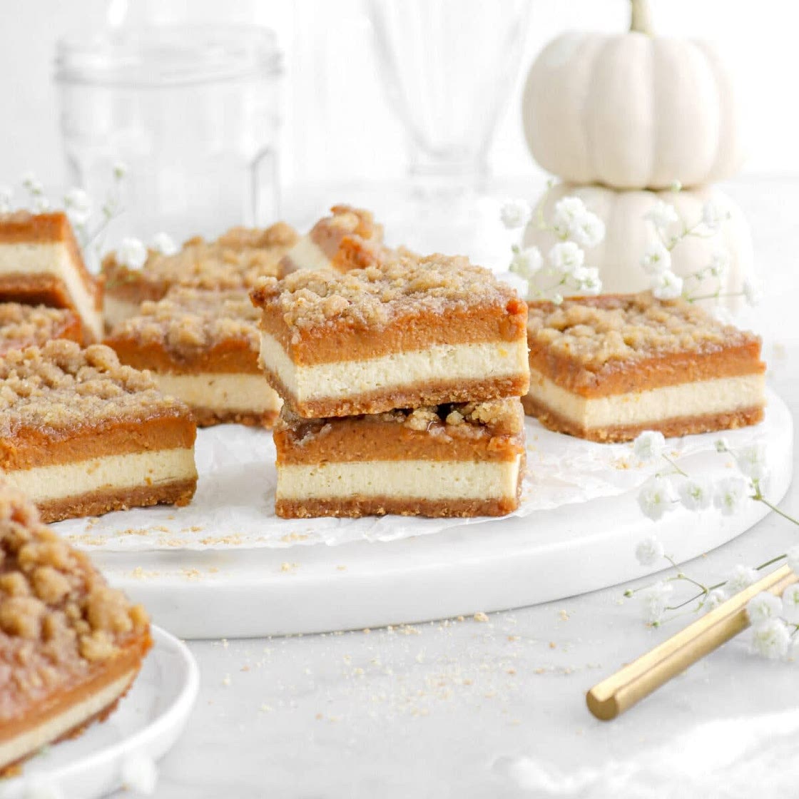 Layered Pumpkin Pie Maple Cheesecake Bars with Cinnamon Streusel