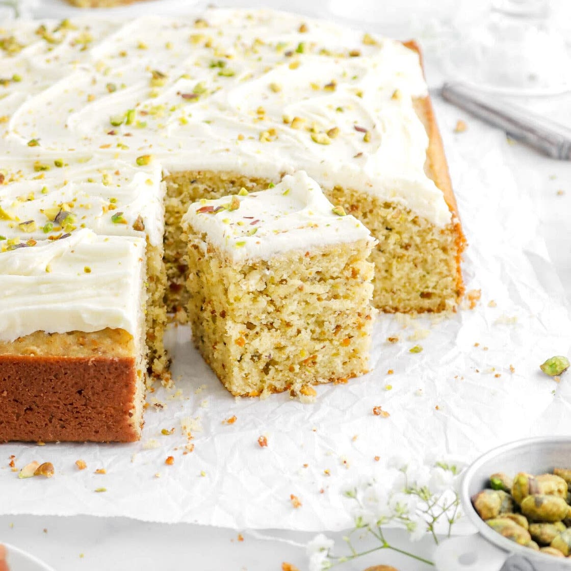 Pistachio Sheet Cake with White Chocolate Buttercream Frosting