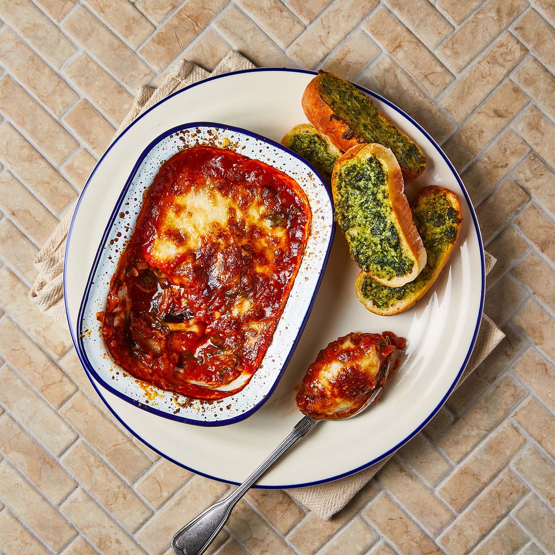 Aubergine Parmigiana With Pesto Bruschetta