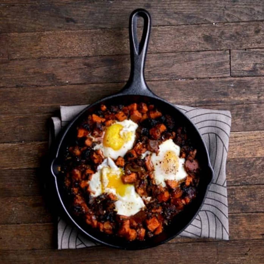 Sweet Potato Hash with Chorizo, Caramelized Onions, and Eggs