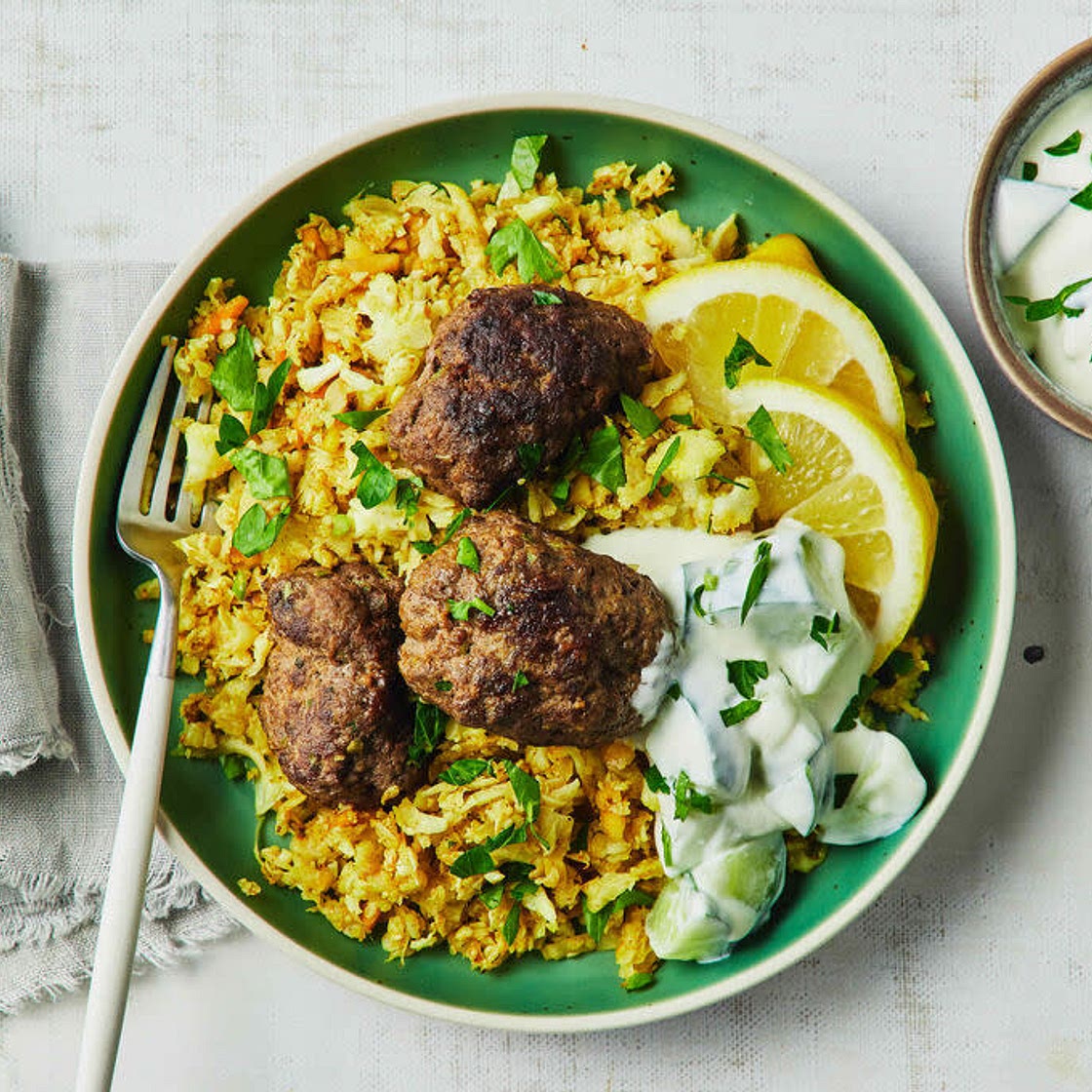 Spiced beef koftas w/ tzatziki & cauliflower rice