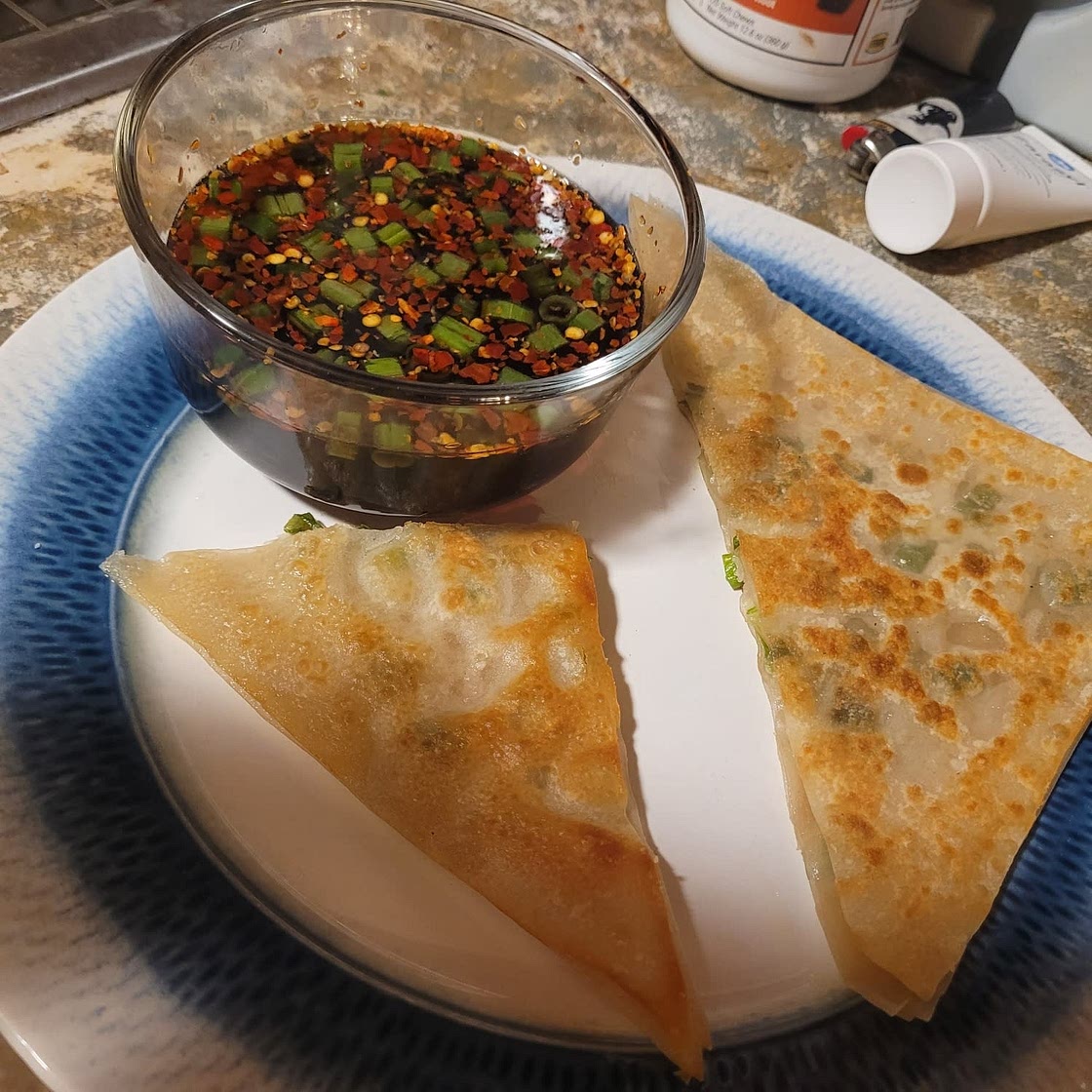 Two-Ingredient Scallion Pancakes with Dipping Sauce