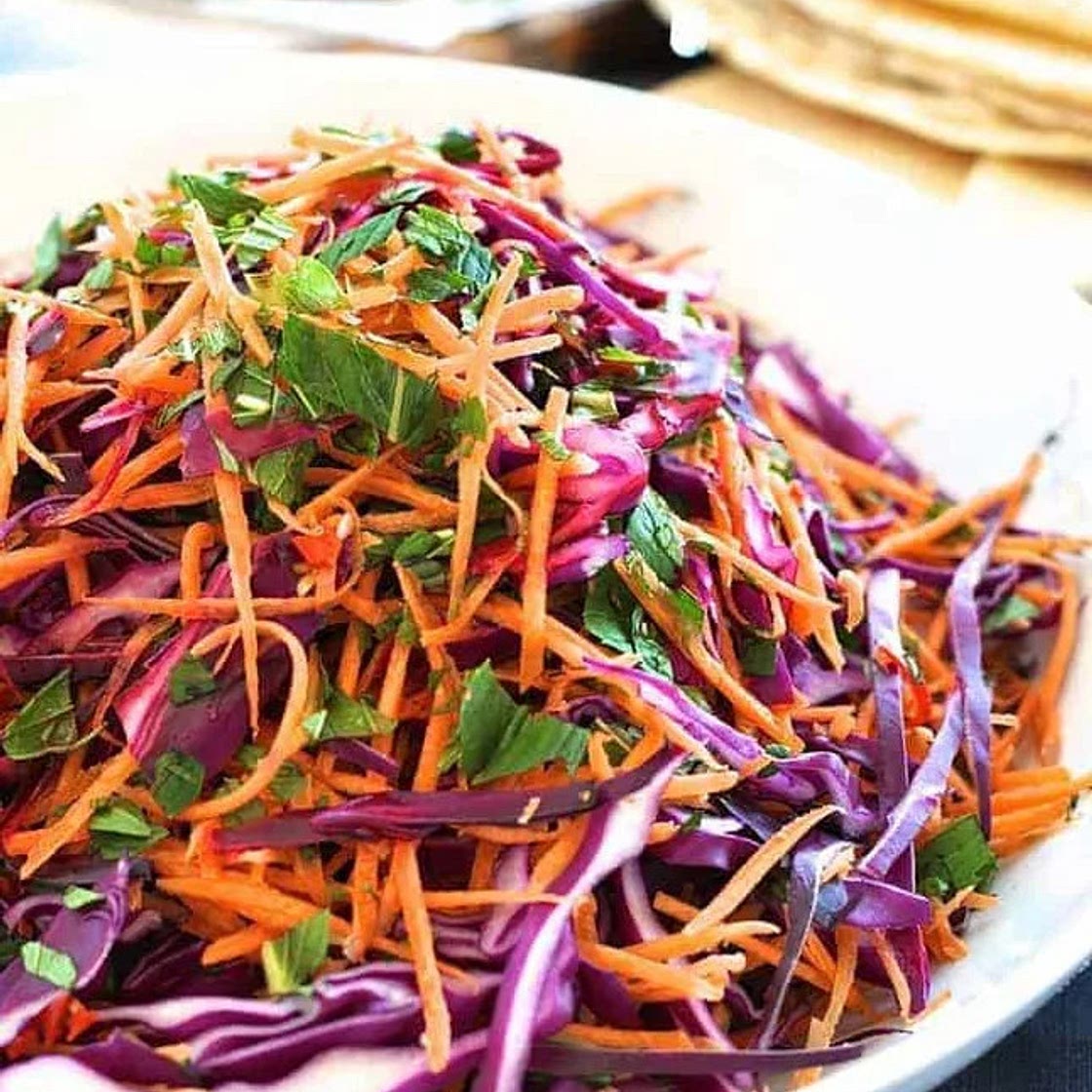 Shredded Red Cabbage, Carrot and Mint Salad