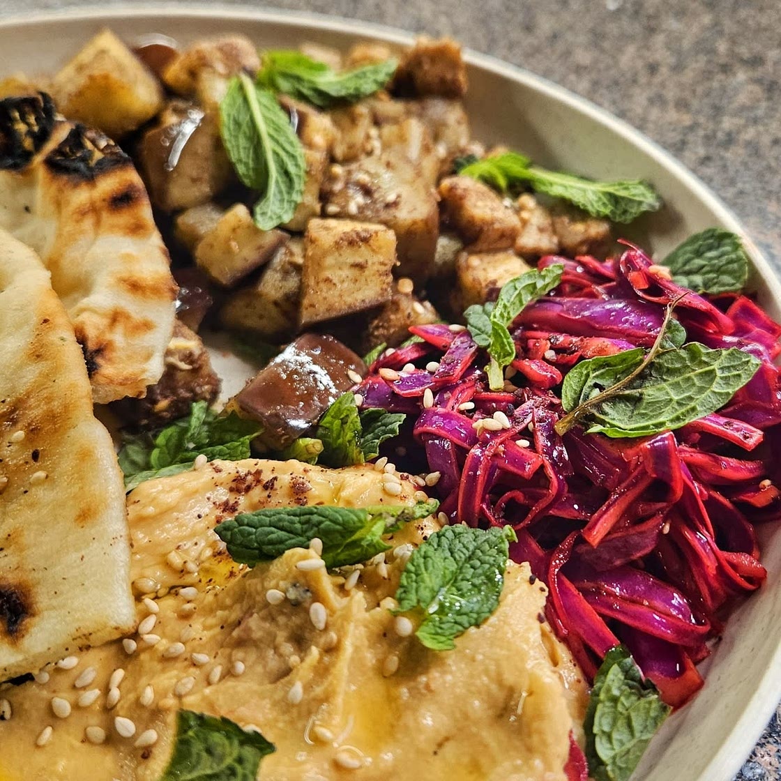 Roast Aubergine & Red Pepper Hummus Bowl - Adre's Kitchen