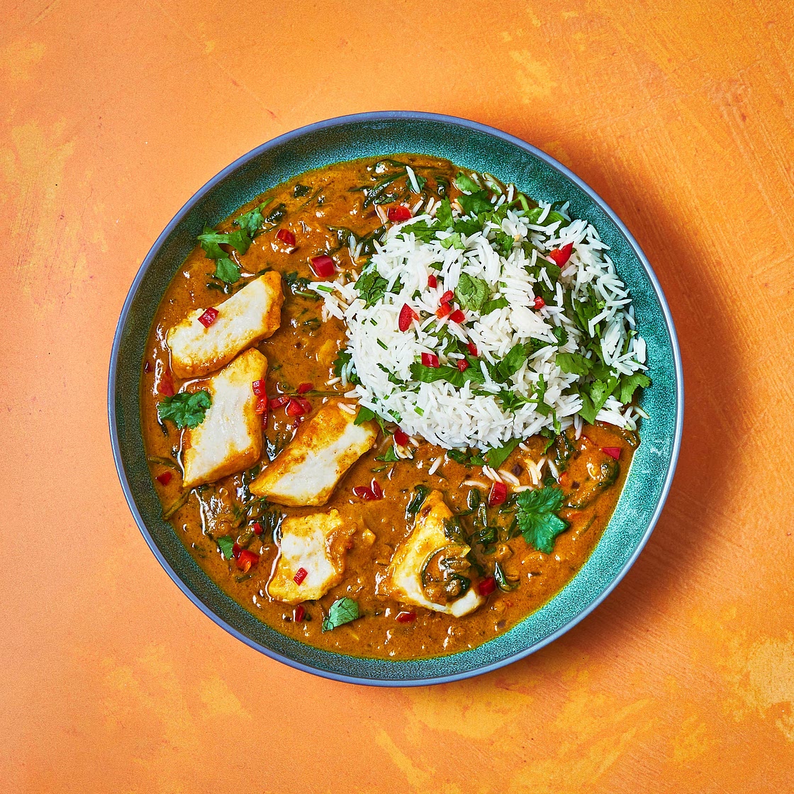 Goan-Style Basa & Spinach Curry With Coriander Rice