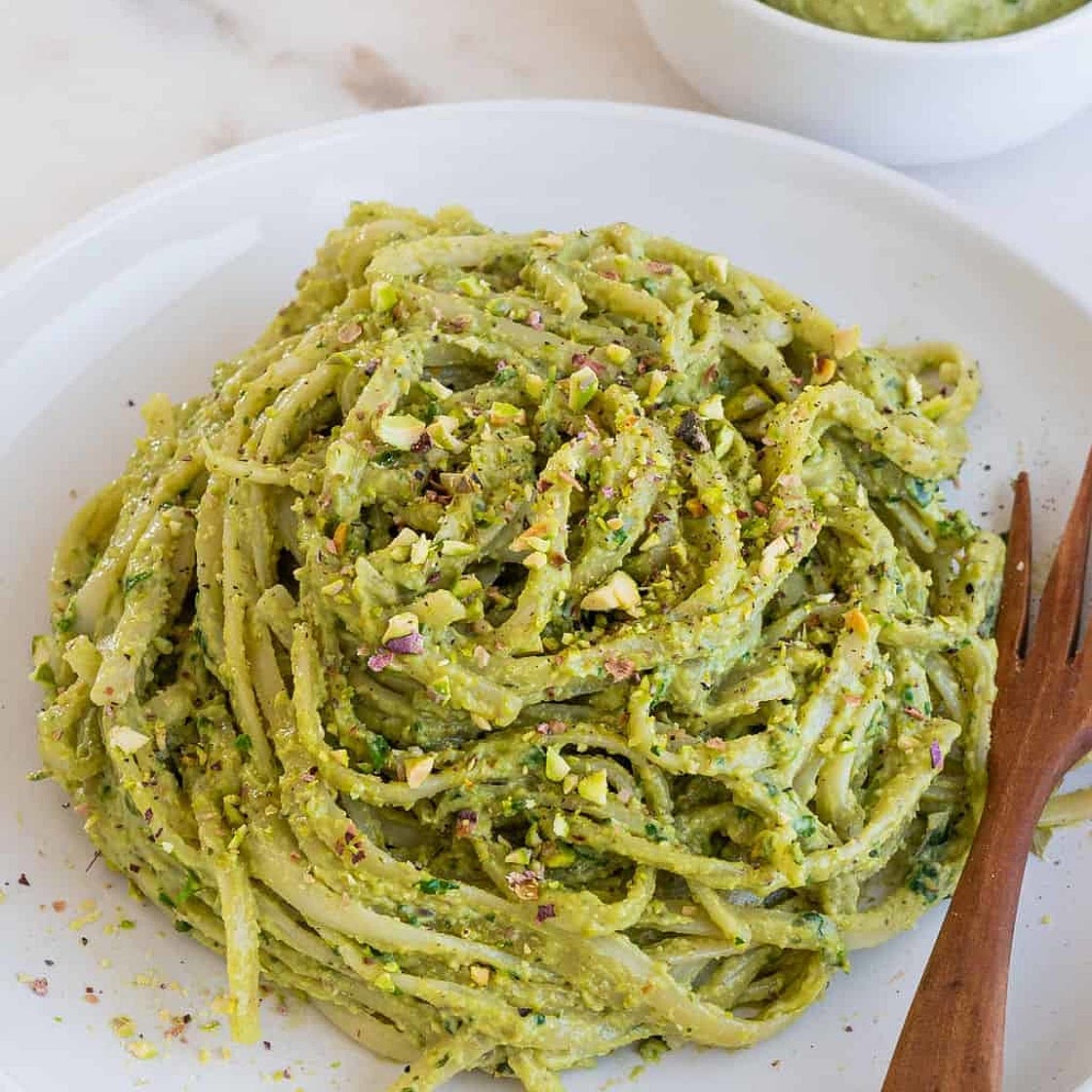 Whole wheat pasta with an avocado pesto sauce