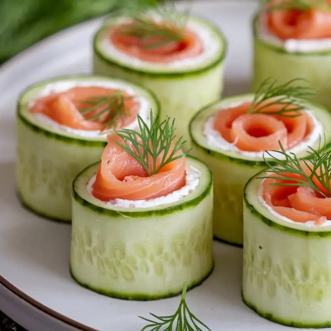Easy Chatelaine Smoked Salmon Roll on Cucumber Bites