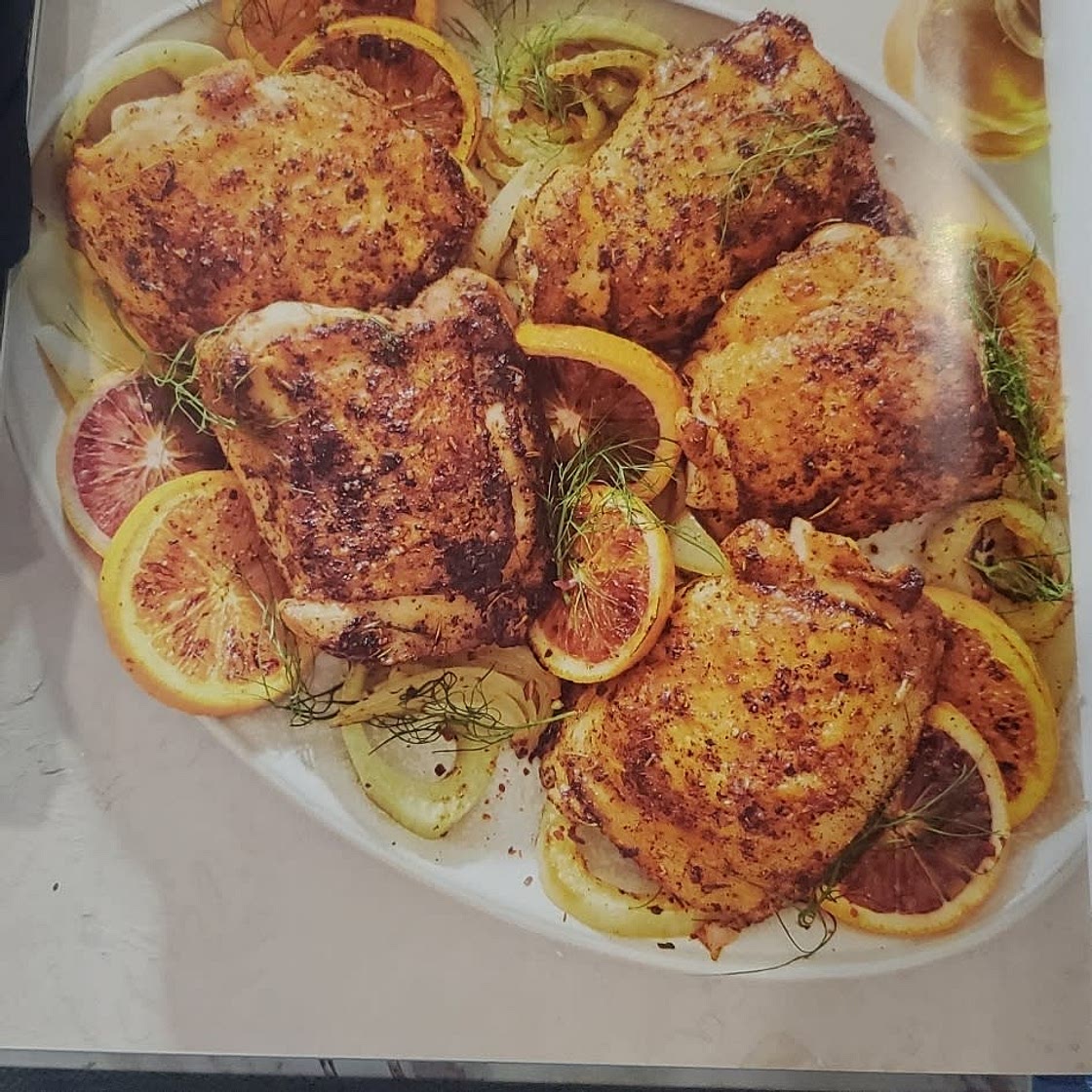 Baked chicken with blood orange and fennel