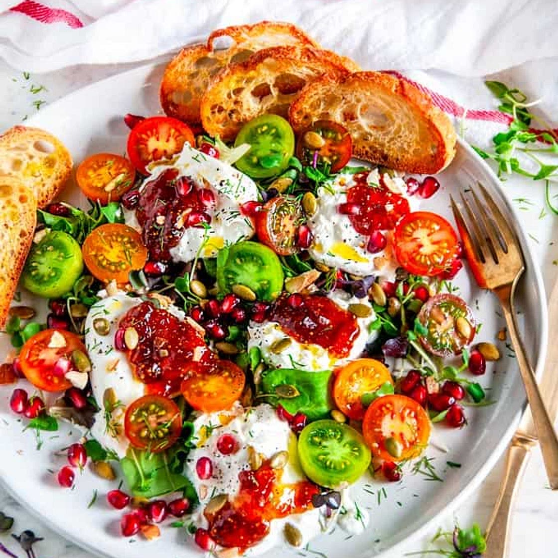 Tomato Pomegranate Burrata Salad