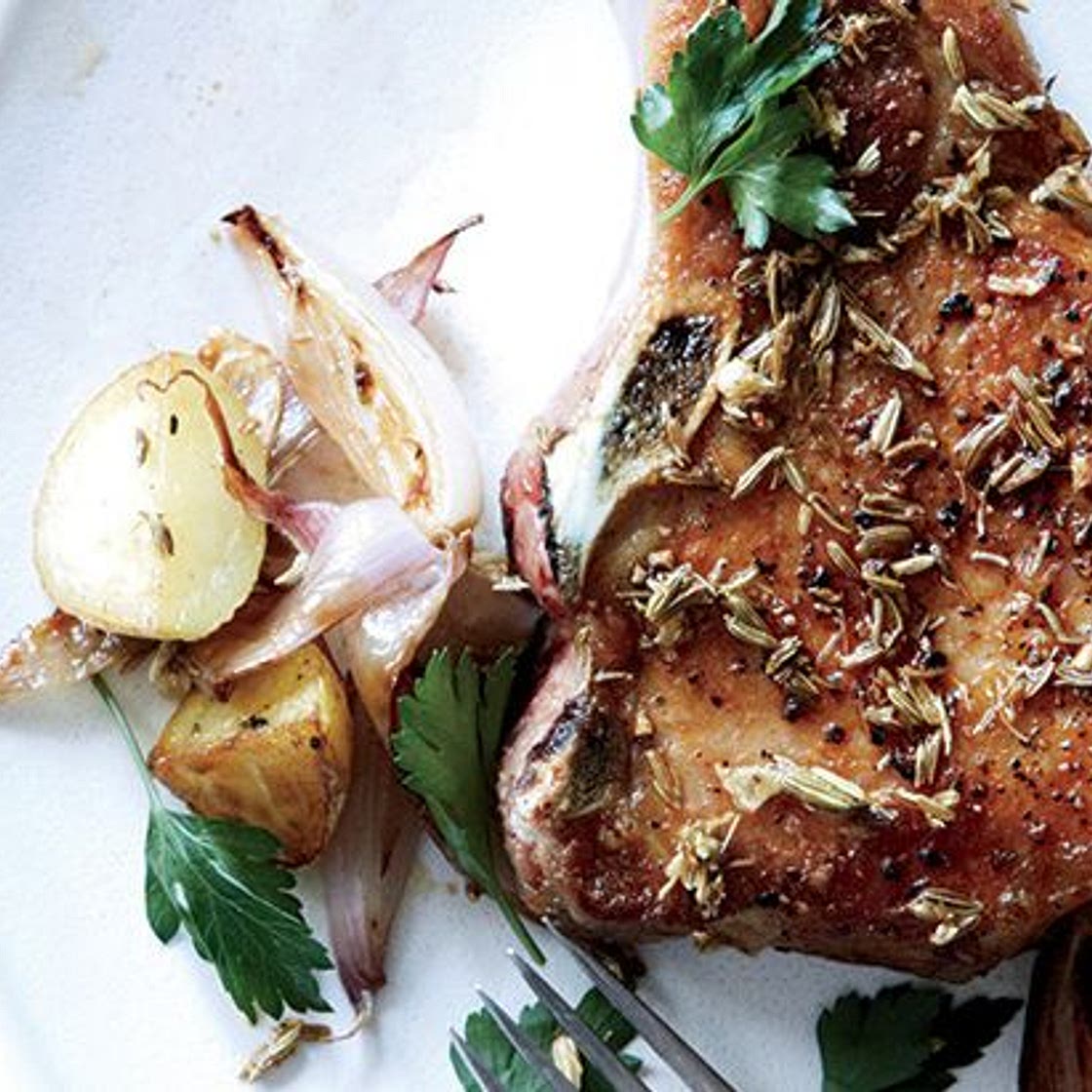 Fennel-Crusted Pork Chops with Potatoes and Shallots