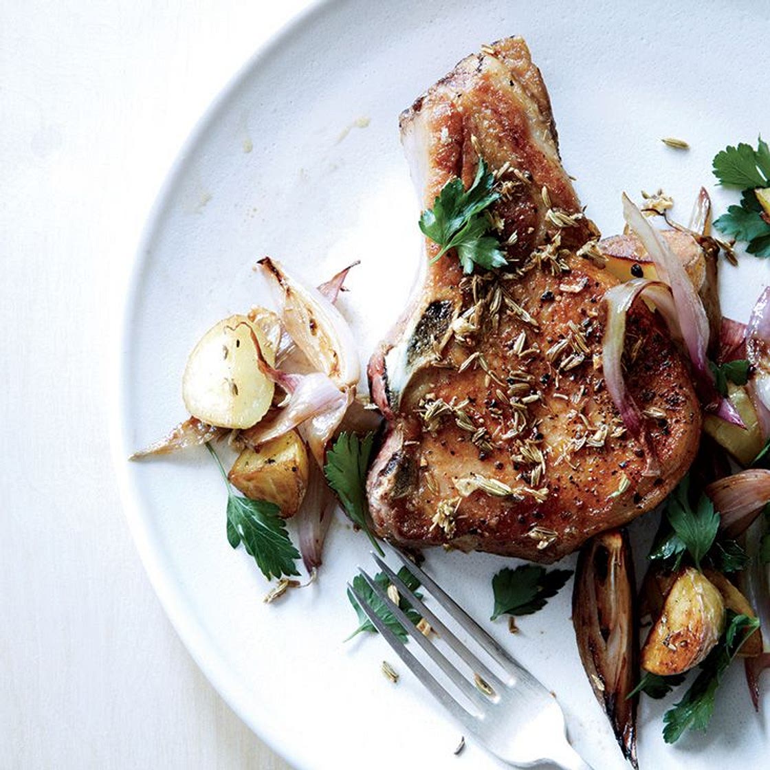 Fennel-Crusted Pork Chops with Potatoes and Shallots