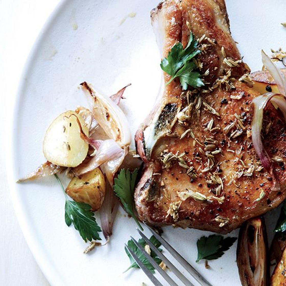 Fennel-Crusted Pork Chops with Potatoes and Shallots