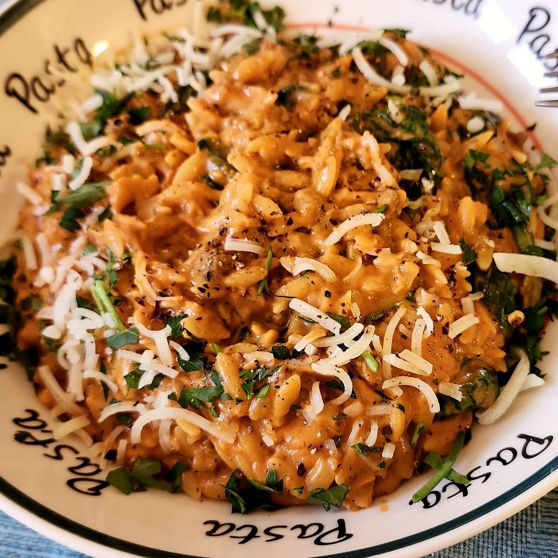Ground Beef Orzo with Tomato Cream Sauce