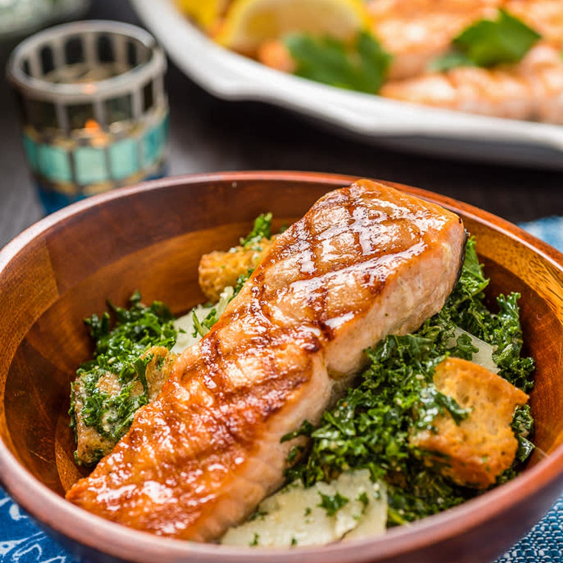 Shredded Kale Caesar Salad with Grilled Salmon