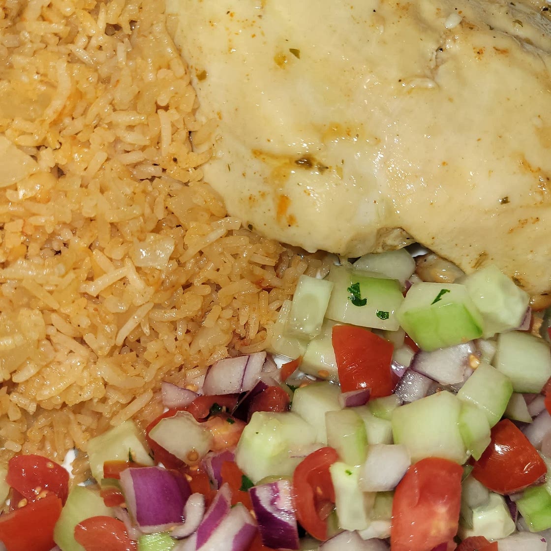 Chicken & potatoes, red rice & chopped salad