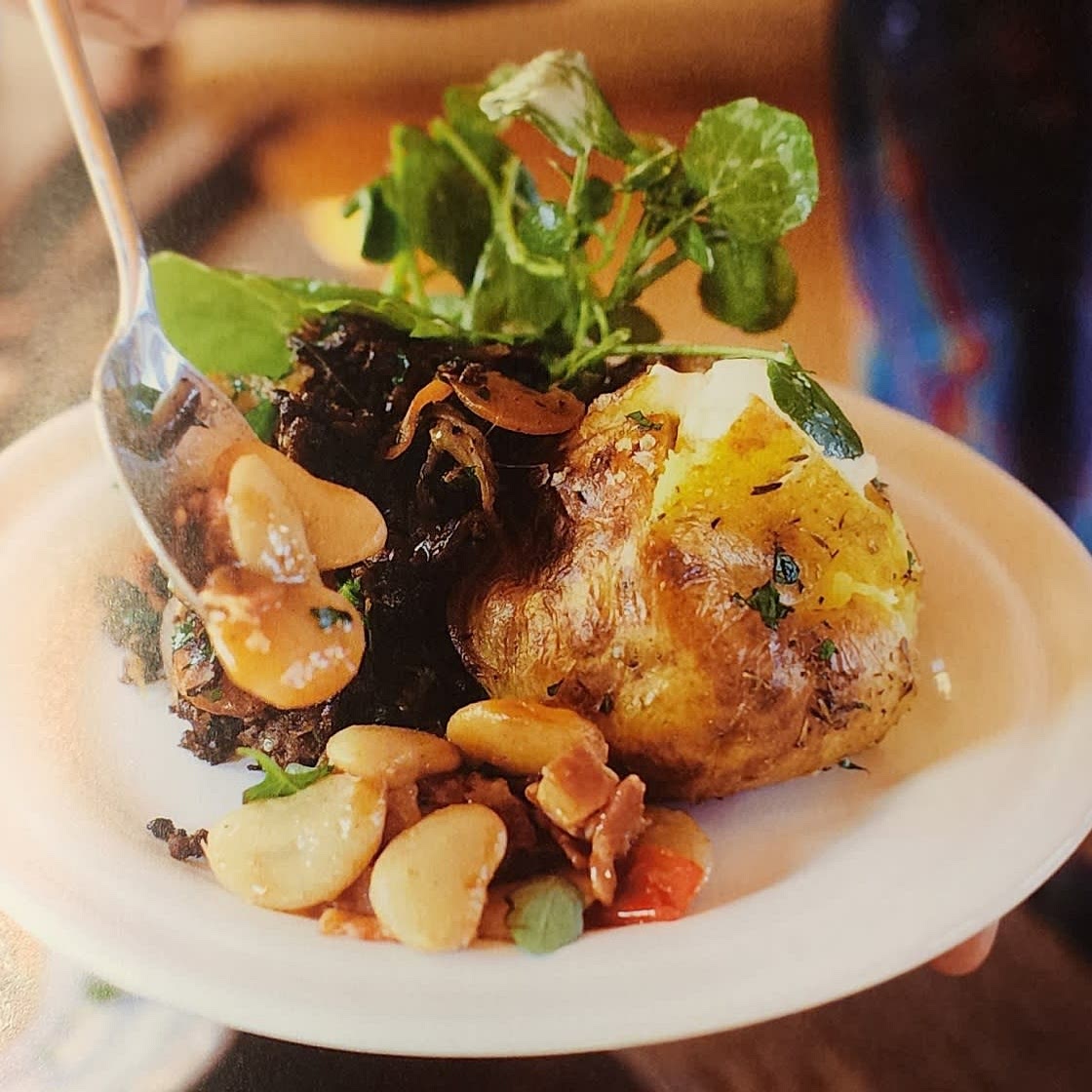 Beef hash with jacket potato and salad