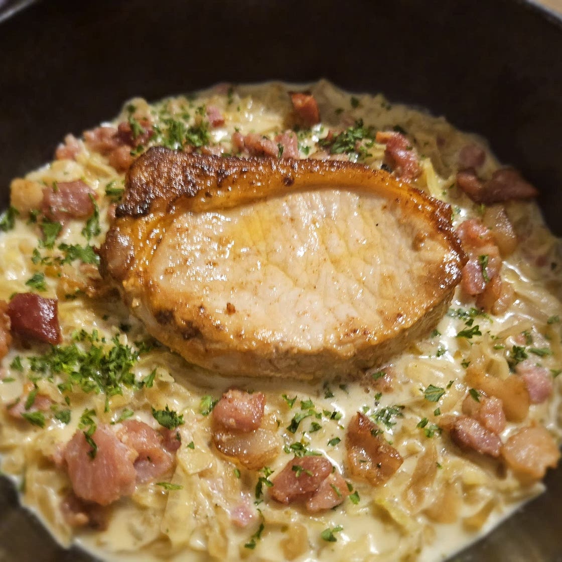 Keto Pork and Cabbage in Creamy Bacon Sauce