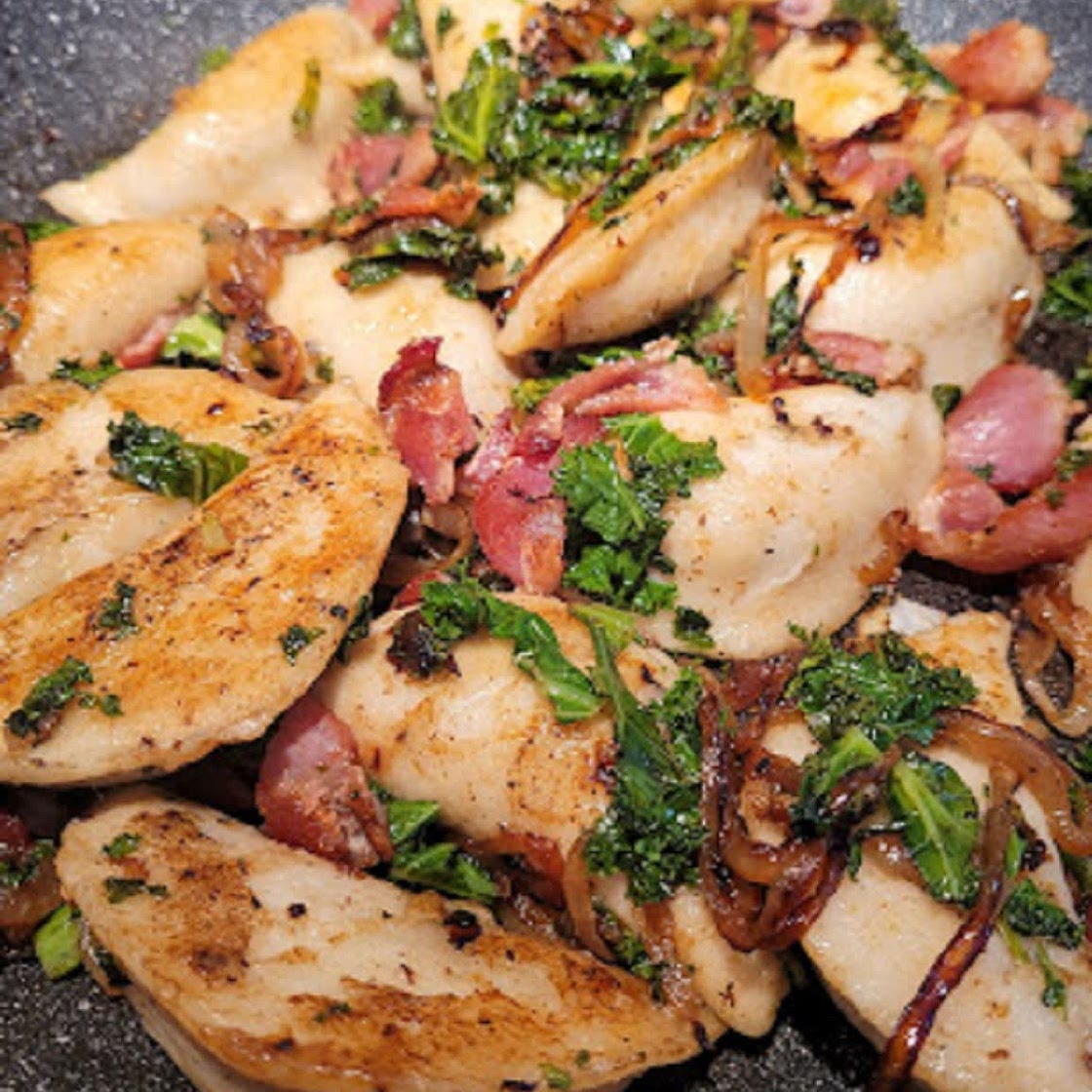 Pierogies with Onions and Bacon