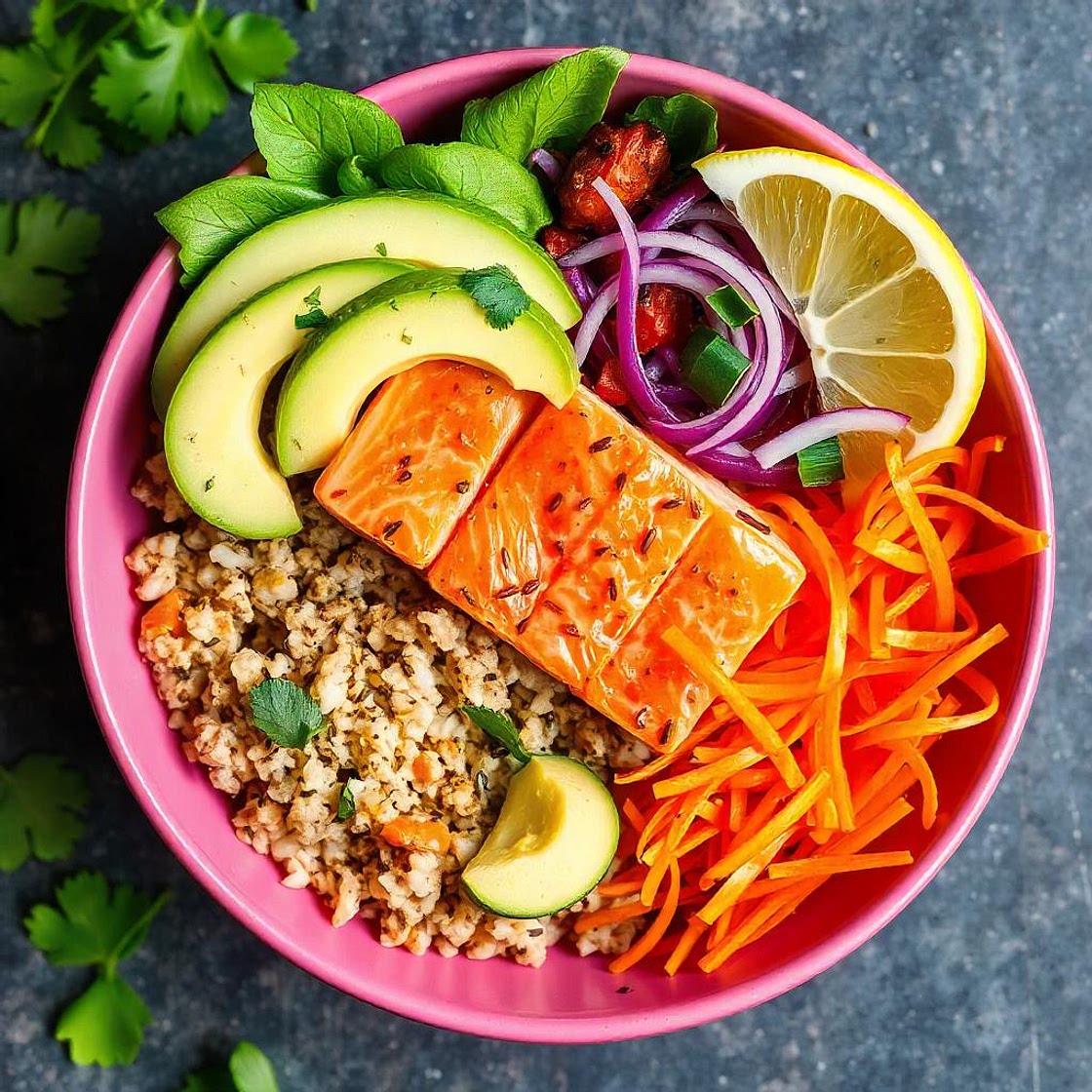 Poke Bowl al Salmone e Avocado con Riso Integrale e Verdure Croccanti