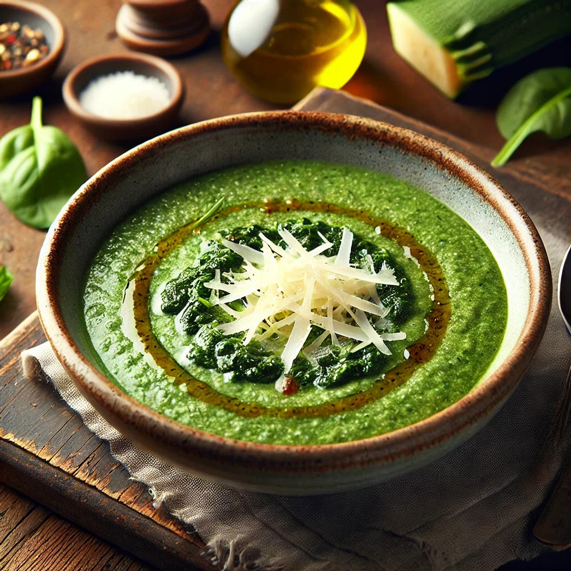 Crema de calabacín, espinacas y guisantes