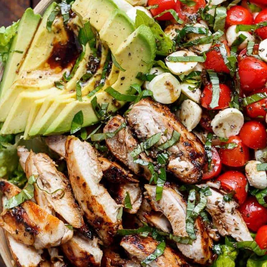 Smoked Chicken caprese and avacado salad