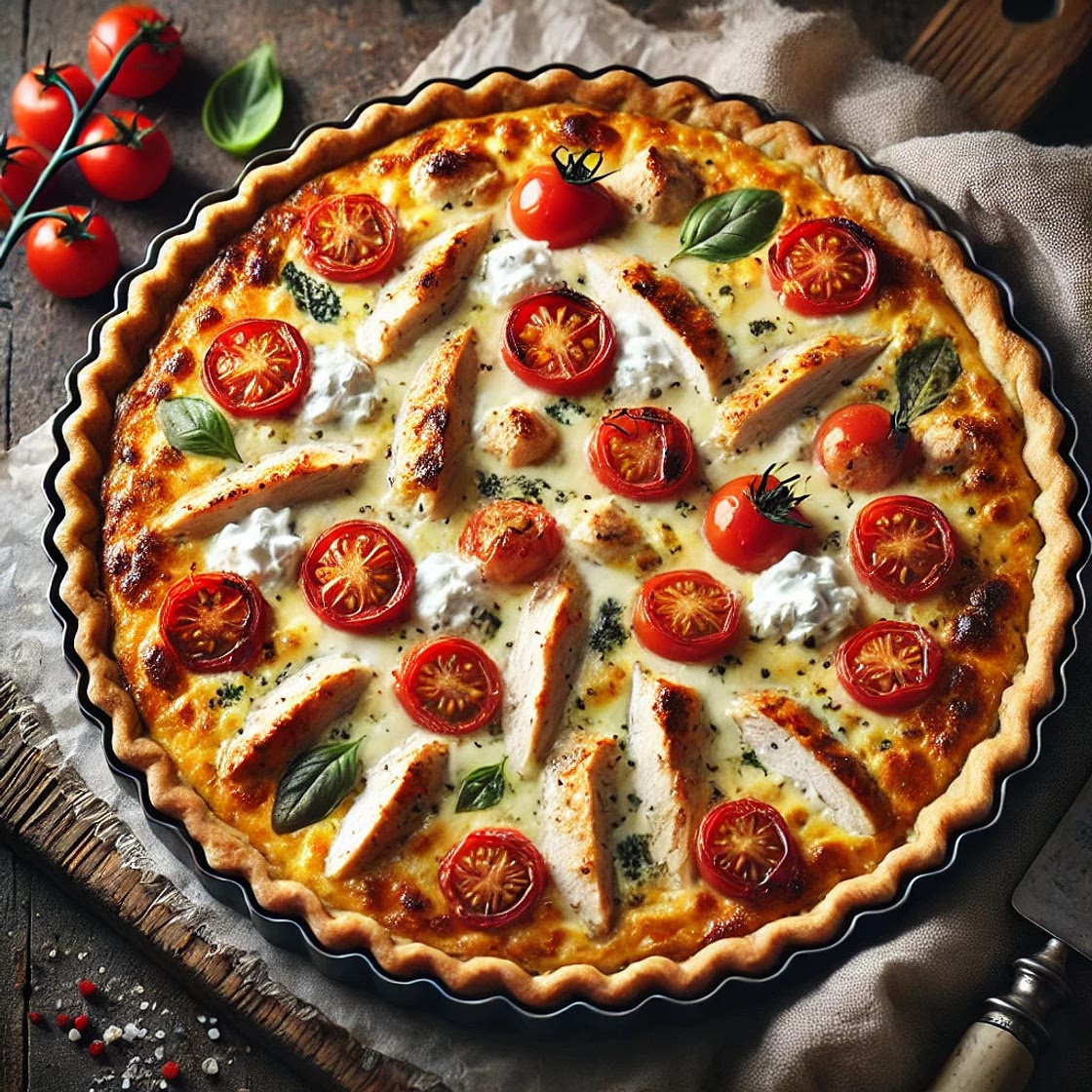 Quiche poulet mariné, chèvre et tomate cerise