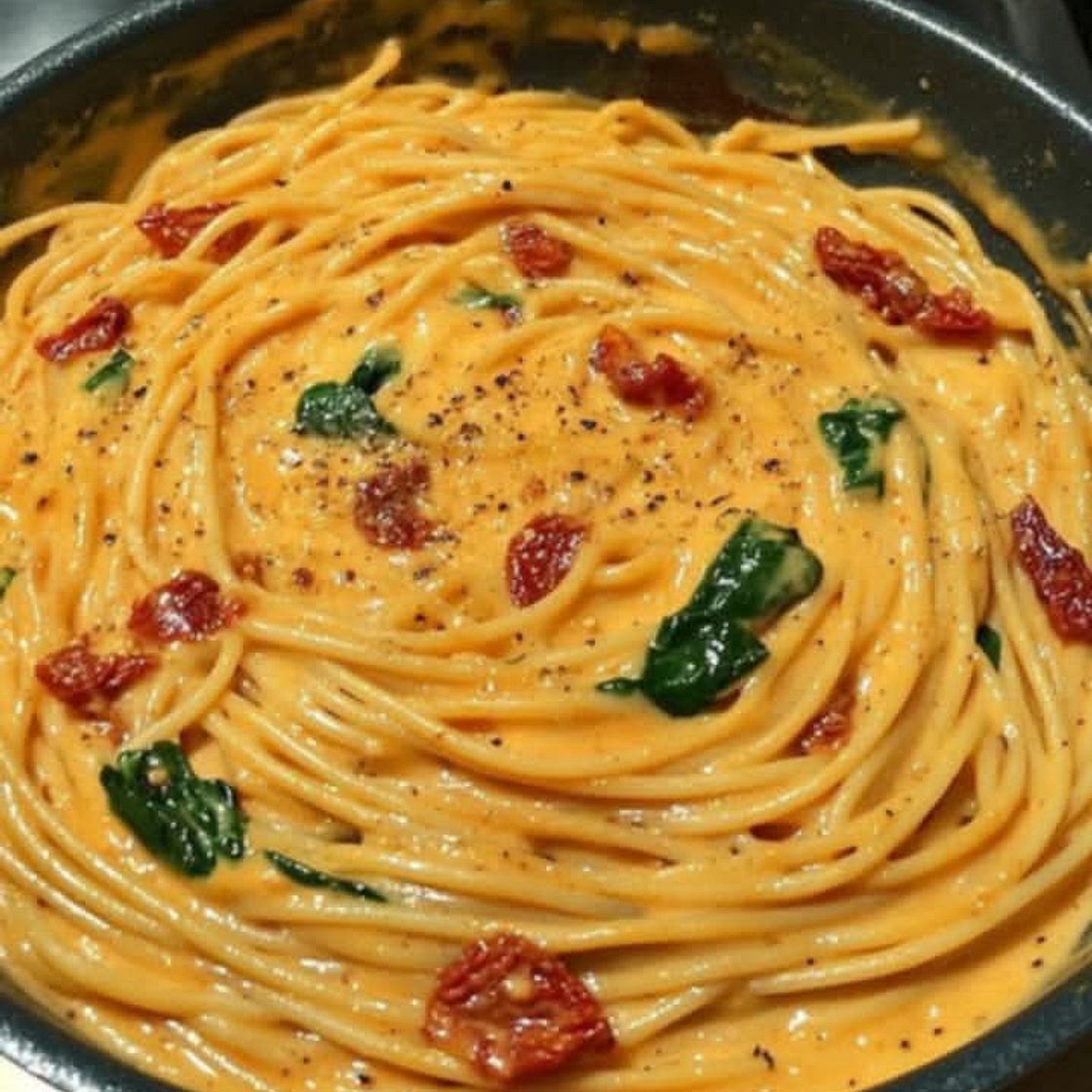 Spaghetti with Creamy Sun-Dried Tomato & Spinach Sauce