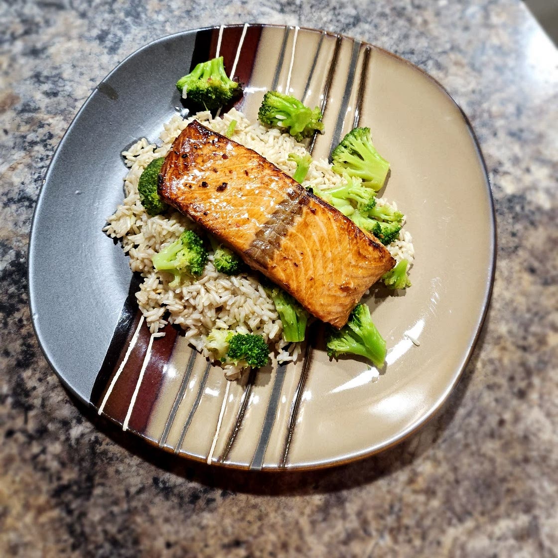 Soy Honey Glazed Salmon with Brown Rice and Broccoli