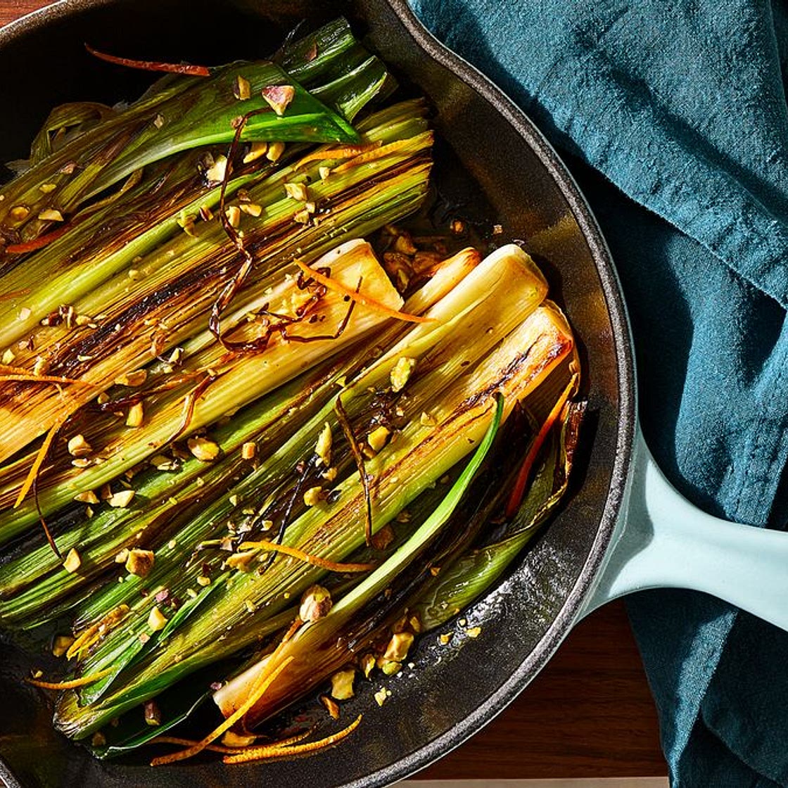 Bourbon-Braised Leeks With Pistachios