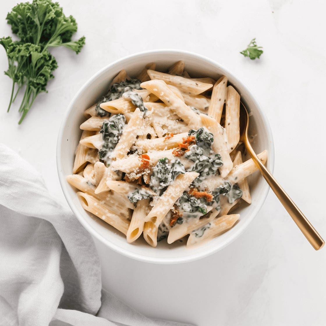 Creamy Kale & Sun-Dried Tomato Parmesan Pasta