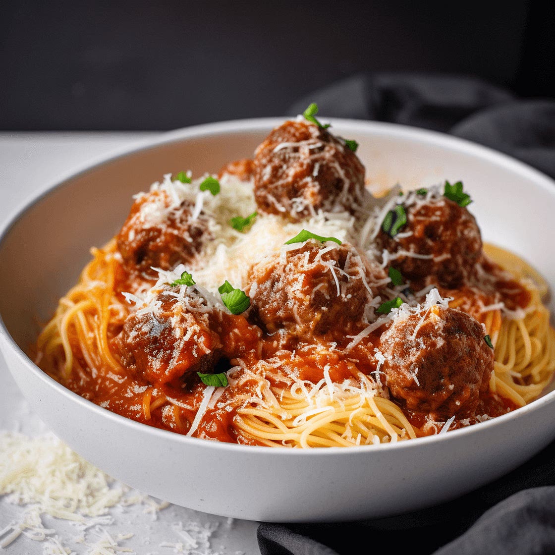 Angel Hair with Garlicky Red Sauce & Crispy Pan-Fried Meatballs