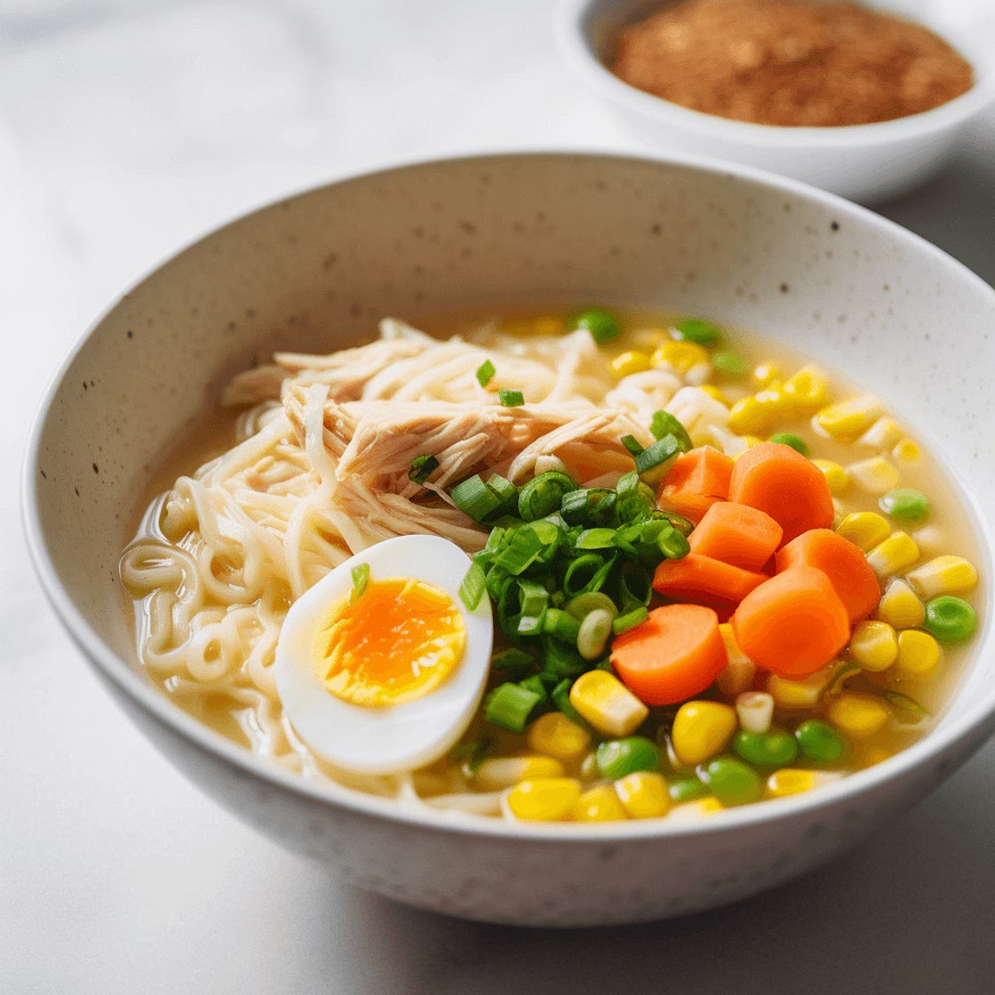 Chicken Miso “Cup Noodles” with Carrots, Peas & Corn