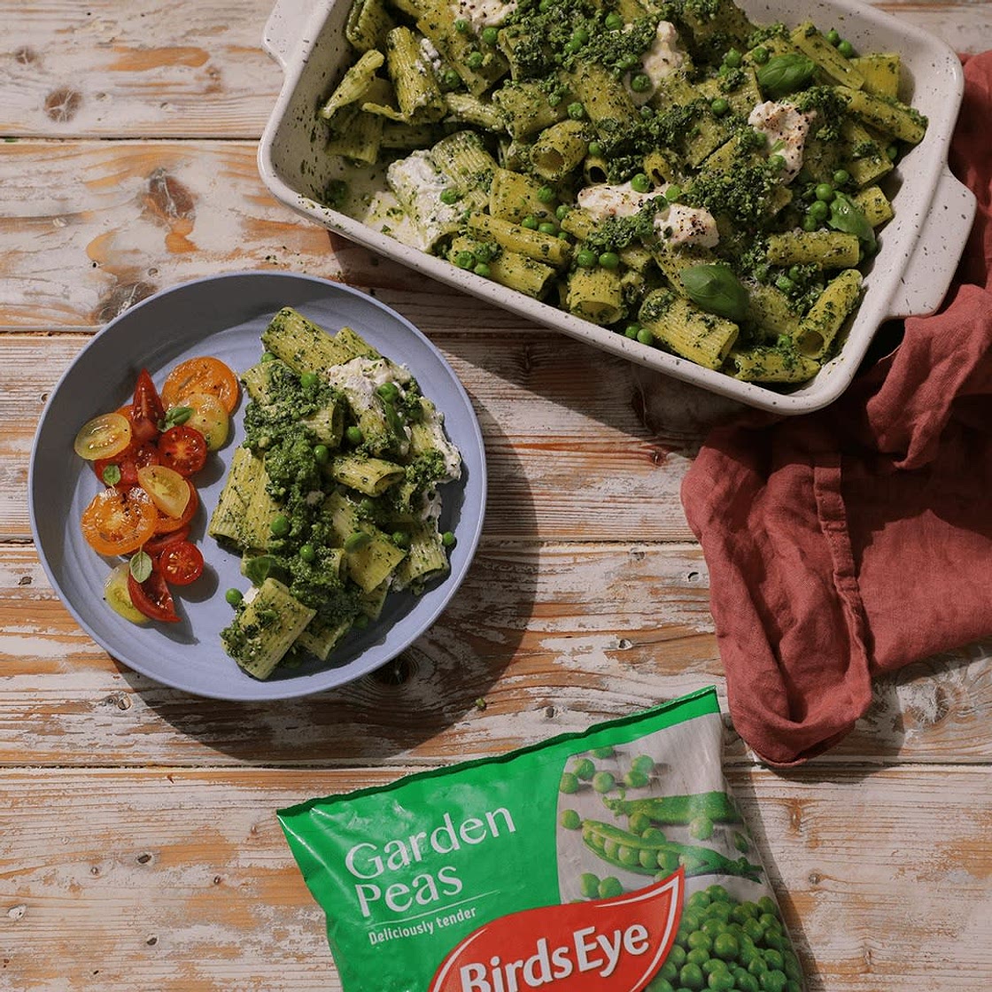 Double Pea Pesto Pasta Bake