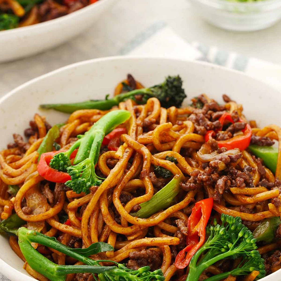 Chili Crisp Peanut Noodles with Beef and Broccolini